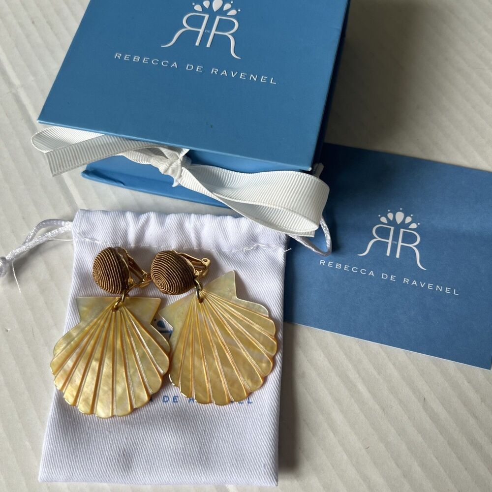 Rebecca De Ravenel Ariel Mother of Pearl Shell Clip Earrings Gold Tone NWB